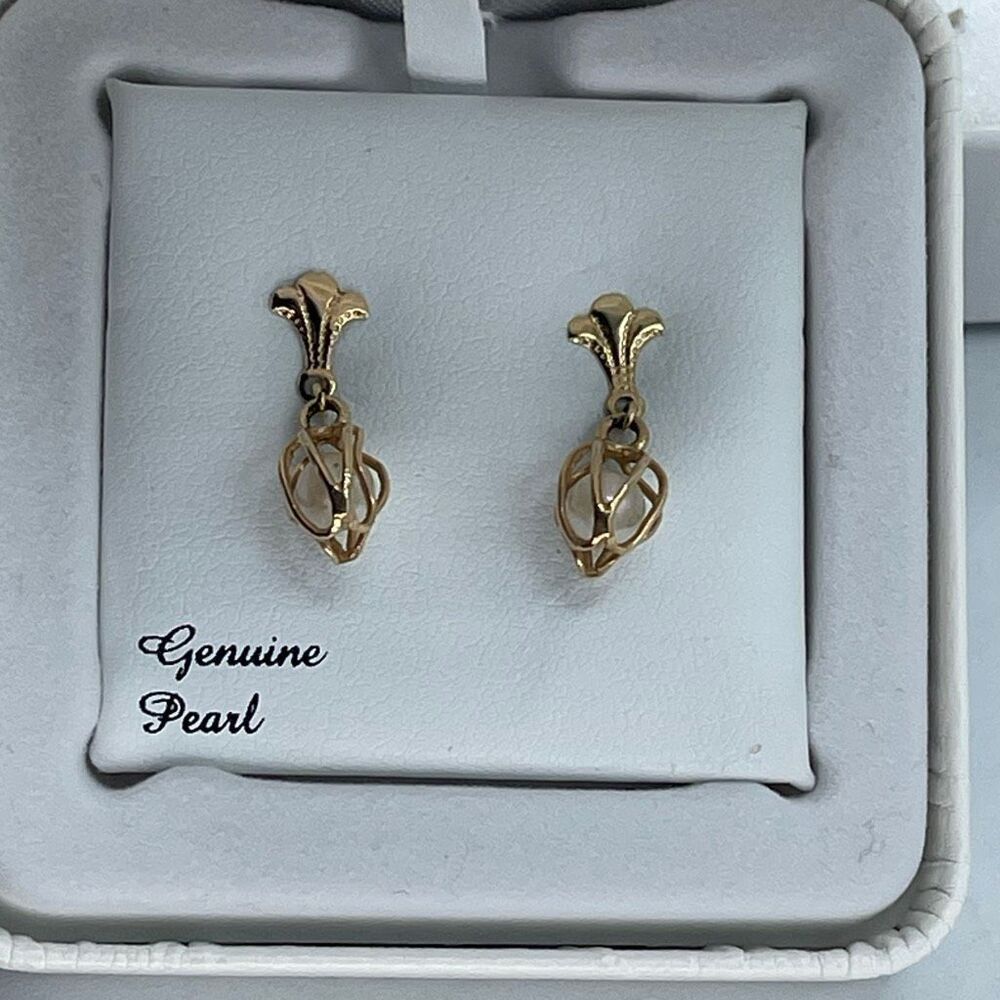 14k Gold real pearl in a cage dangle earrings.